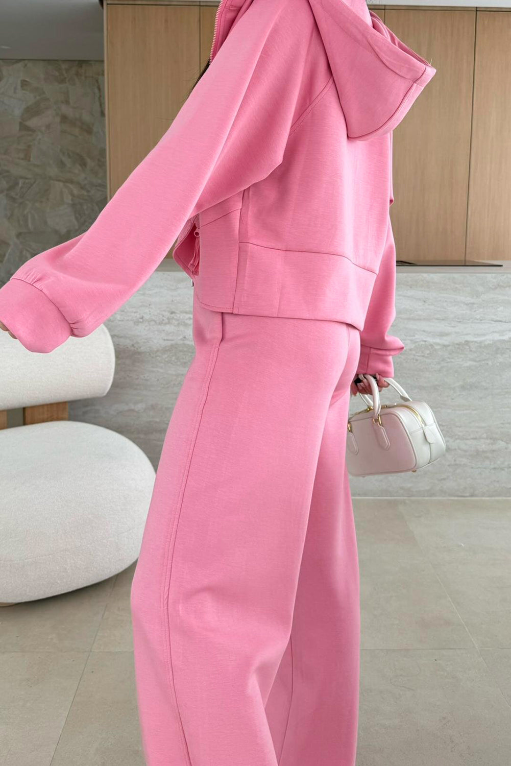 Pink Solid Color Zip Up Hoodie Drawstring Loose Pants Set-Tops / Dresses-[Adult]-[Female]-2022 Online Blue Zone Planet