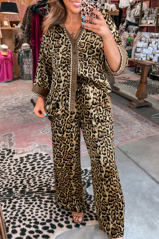 Brown Leopard Collared 3/4 Sleeve Shirt and Loose Pants Two Piece Outfit Set-Two Piece Sets/Pant Sets-[Adult]-[Female]-Brown-S-2022 Online Blue Zone Planet