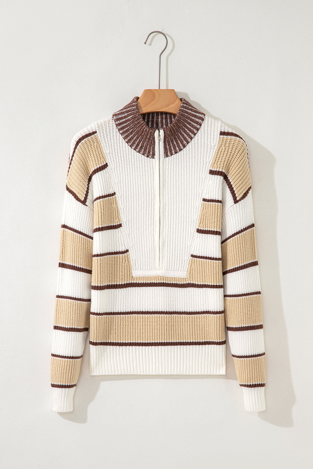 Khaki Stripe Half Zip Drop Shoulder Womens Sweater-TOPS / DRESSES-[Adult]-[Female]-2022 Online Blue Zone Planet