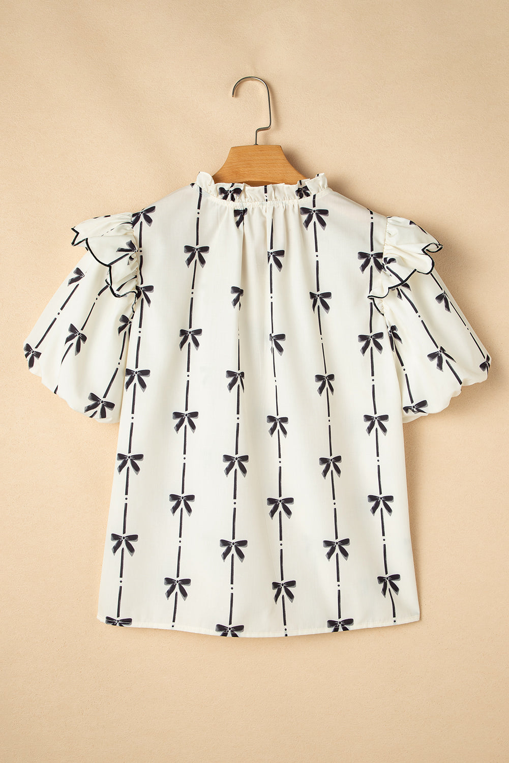 Beige Bow Print Ruffle Bubble Sleeve Tie Notched Neck Blouse-Blouses-[Adult]-[Female]-2022 Online Blue Zone Planet