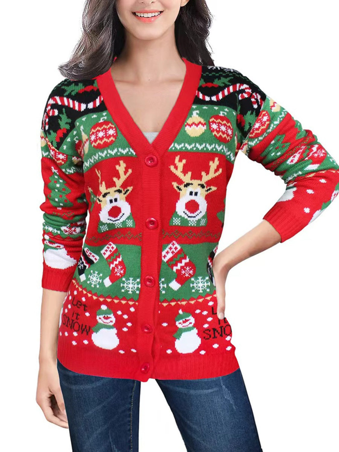 Reindeer Button Up Long Sleeve Cardigan-TOPS / DRESSES-[Adult]-[Female]-Deep Red-S-2022 Online Blue Zone Planet