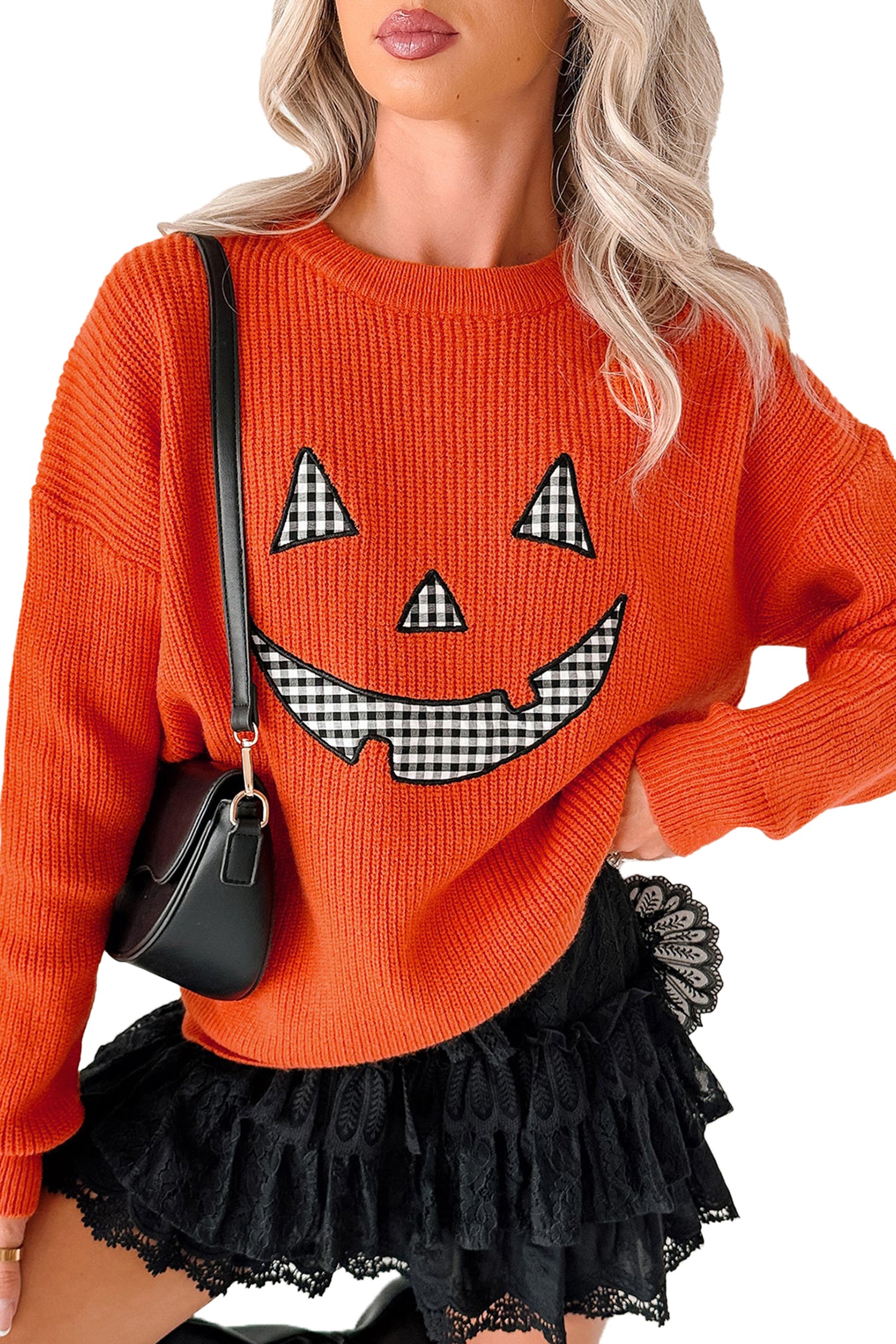 Orange Drop Shoulder Long Sleeve Round Neck Halloween Sweater-Sweaters & Cardigans/Sweaters-[Adult]-[Female]-2022 Online Blue Zone Planet
