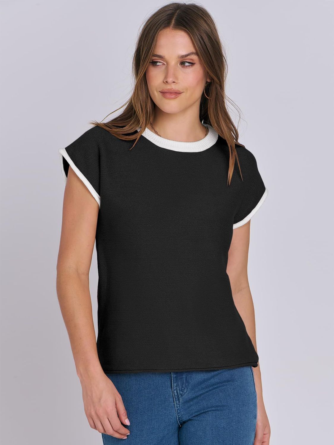 Blue Zone Planet | Mandy Contrast Round Neck Cap Sleeve Sweater-TOPS / DRESSES-[Adult]-[Female]-Black-S-2022 Online Blue Zone Planet