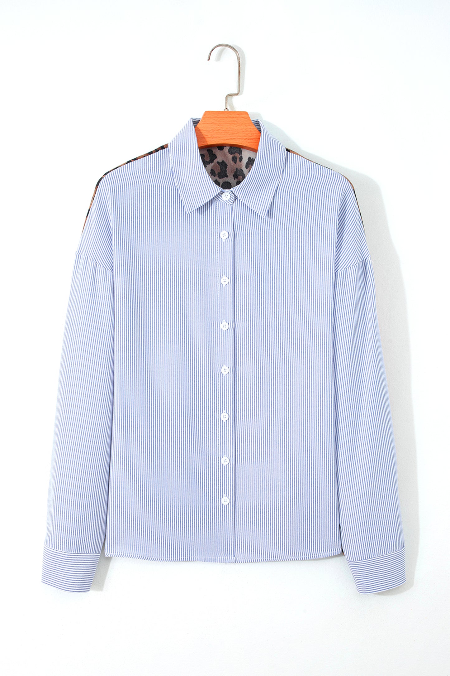 Sky Blue Stripe Contrasted Varsity Stripe Leopard Patchwork Button Down Shirt-Tops/Blouses & Shirts-[Adult]-[Female]-2022 Online Blue Zone Planet