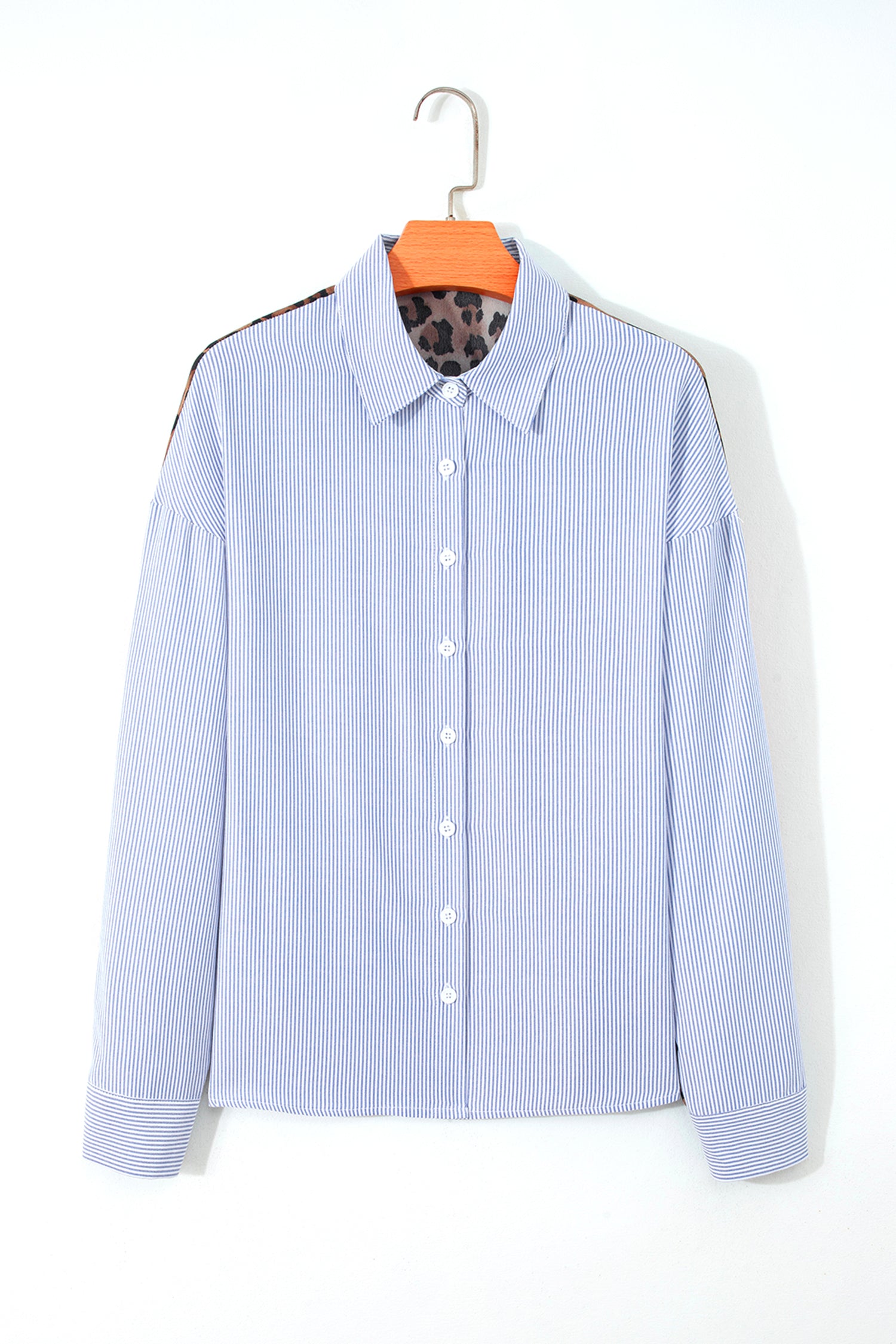 Sky Blue Stripe Contrasted Varsity Stripe Leopard Patchwork Button Down Shirt-Tops/Blouses & Shirts-[Adult]-[Female]-2022 Online Blue Zone Planet
