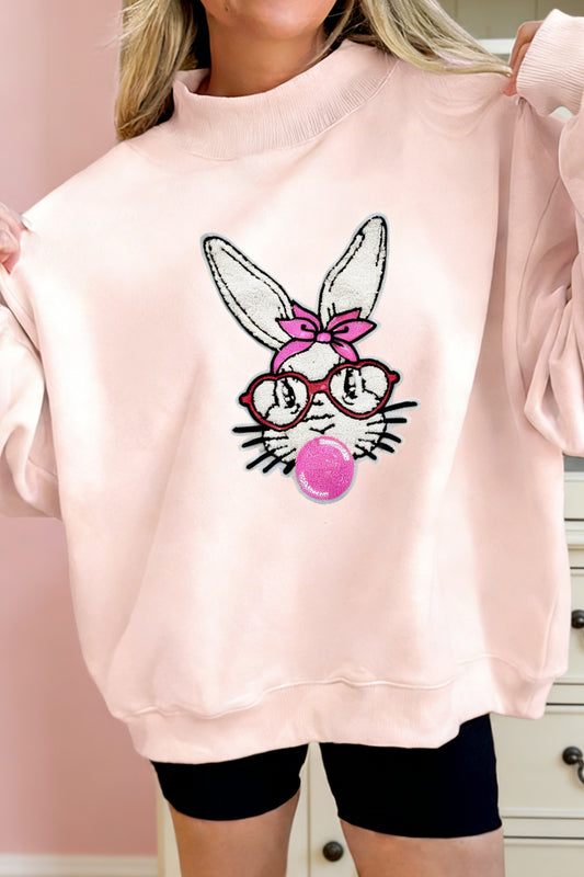 Apricot Pink Bubble Gum Bunny Chenille Patch Sweatshirt-Graphic/Graphic Sweatshirts-[Adult]-[Female]-Apricot Pink-S-2022 Online Blue Zone Planet