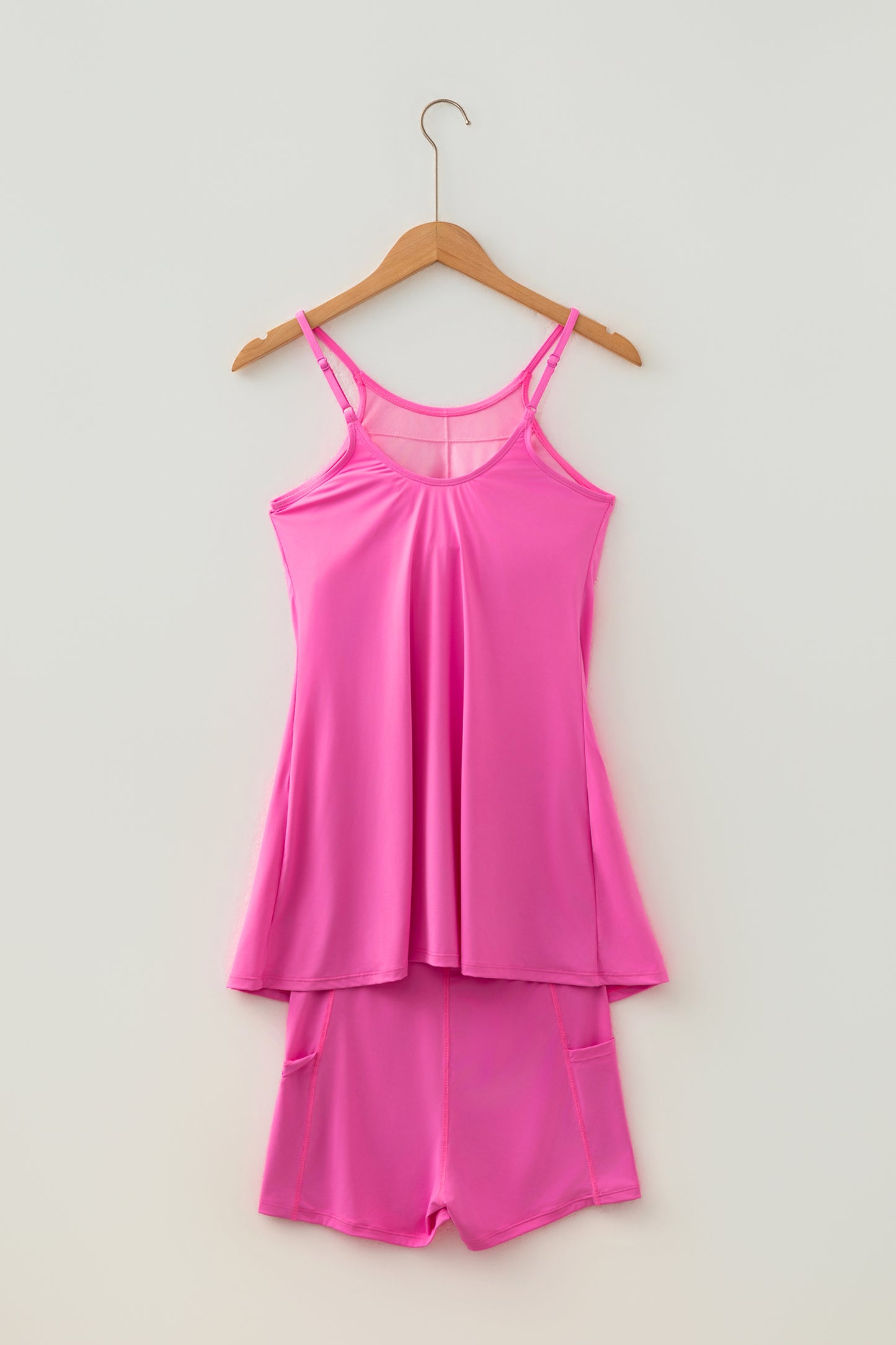Pink Solid Color Tunic Tank Dress Athletic Shorts Two Piece Set