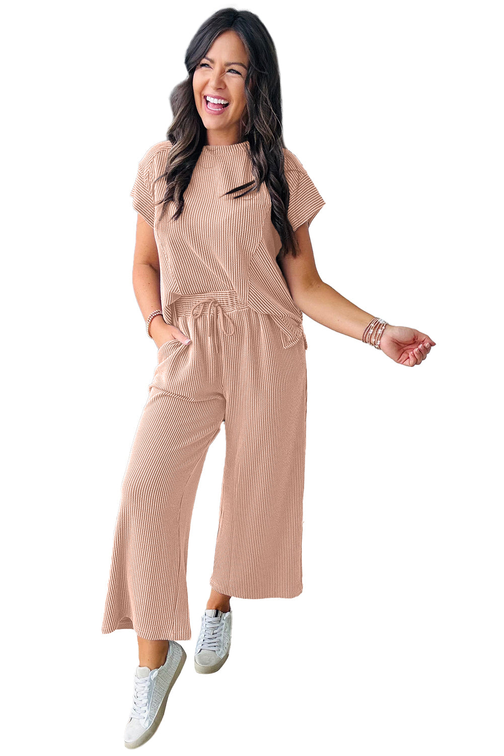 Wild Wind Solid Corded Short Sleeve T Shirt and Wide Leg Pants Set-Two Piece Pants Sets-[Adult]-[Female]-2022 Online Blue Zone Planet