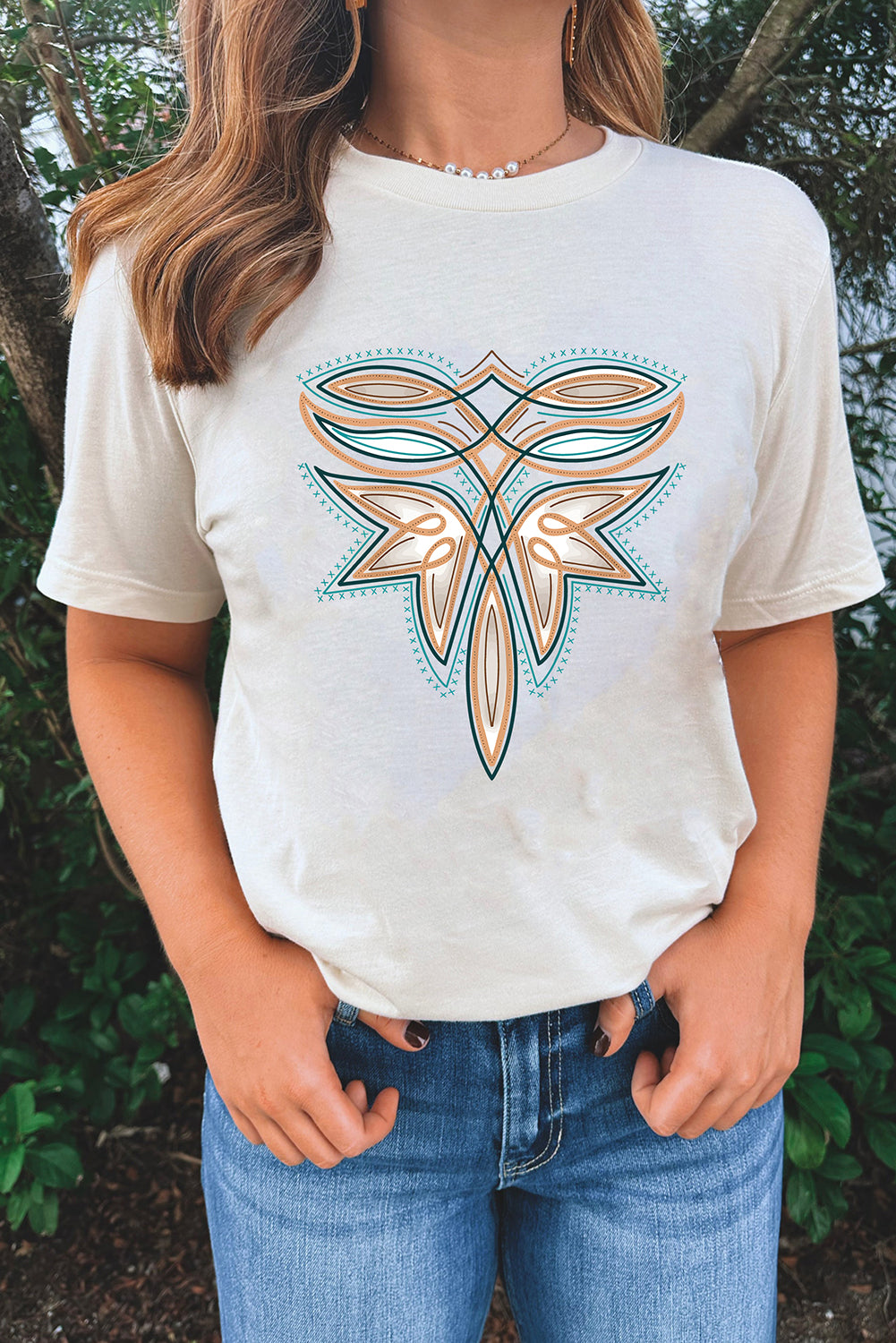 White Western Stitch Pattern Printed Cotton Blend Tee-Graphic/Graphic Tees-[Adult]-[Female]-2022 Online Blue Zone Planet