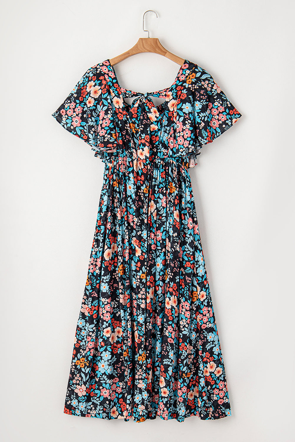 Sky Blue Floral Knotted Back Square Neck Maxi Dress-Dresses/Floral Dresses-[Adult]-[Female]-2022 Online Blue Zone Planet