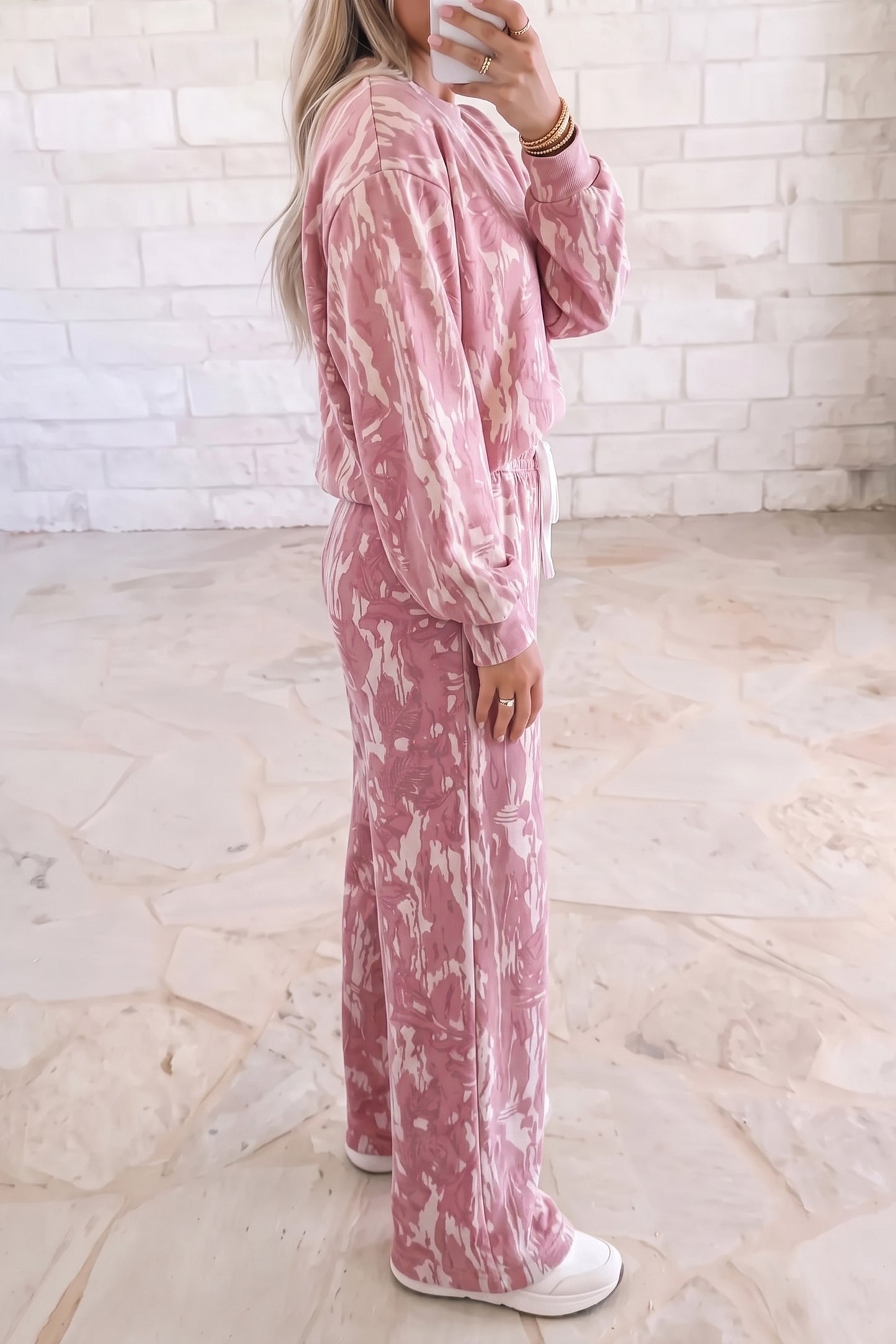 Pink Abstract Floral Print Loose Pullover Drawstring Pants 2pcs Set-Two Piece Sets/Pant Sets-[Adult]-[Female]-2022 Online Blue Zone Planet