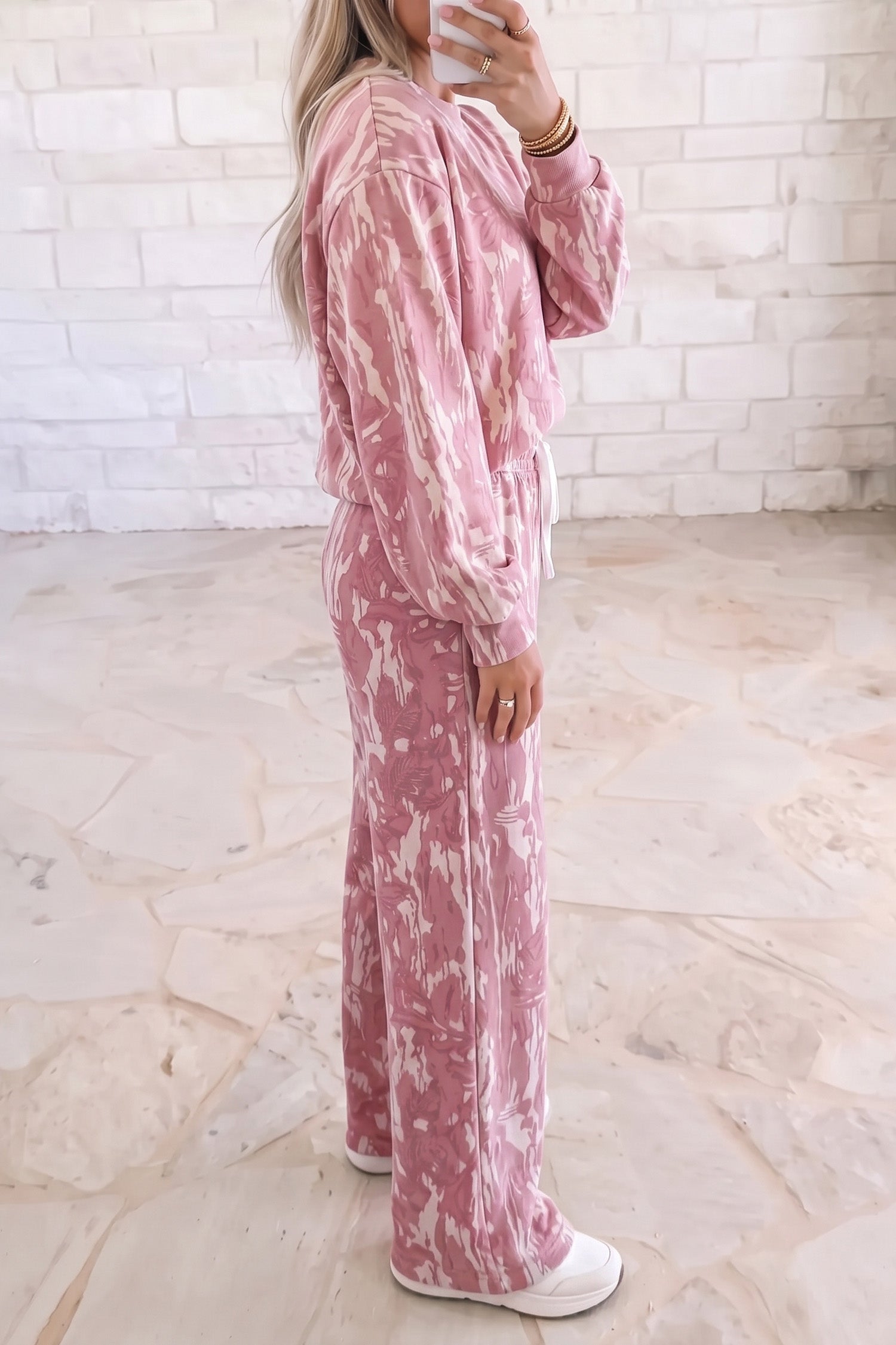 Pink Abstract Floral Print Loose Pullover Drawstring Pants 2pcs Set-Two Piece Sets/Pant Sets-[Adult]-[Female]-2022 Online Blue Zone Planet