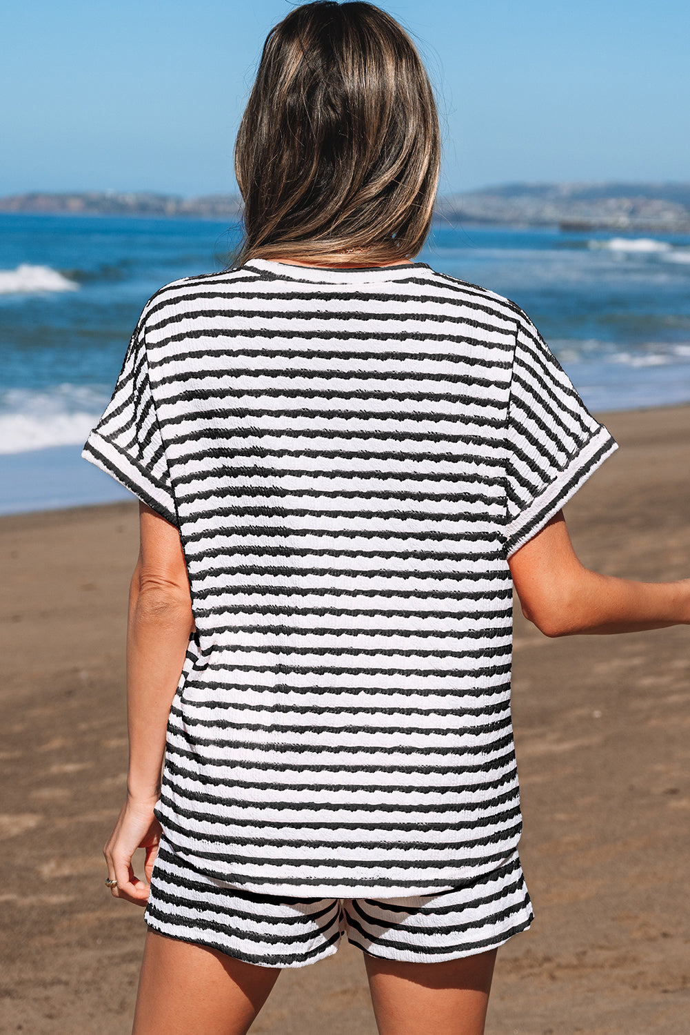 Black Stripe Knitted Short Sleeve Top and Drawstring Shorts Set-Two Piece Sets/Short Sets-[Adult]-[Female]-2022 Online Blue Zone Planet