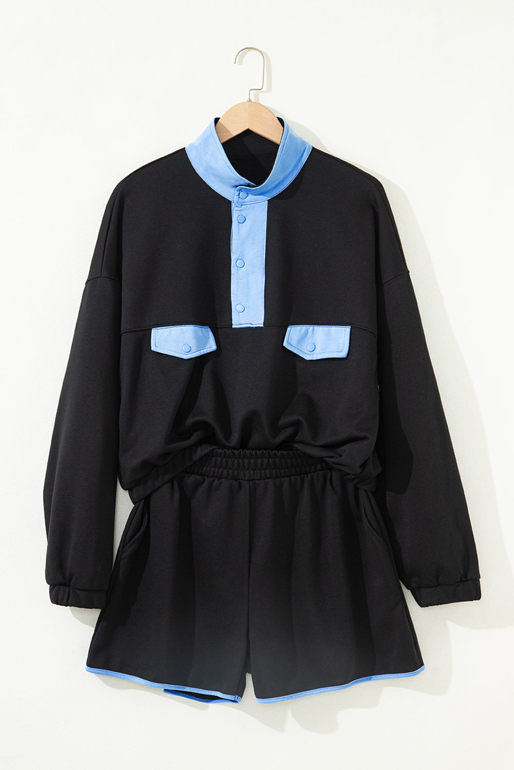 Black Color Block Patchwork Half Button Pullover and Shorts 2pcs Outfit-Two Piece Sets/Short Sets-[Adult]-[Female]-2022 Online Blue Zone Planet