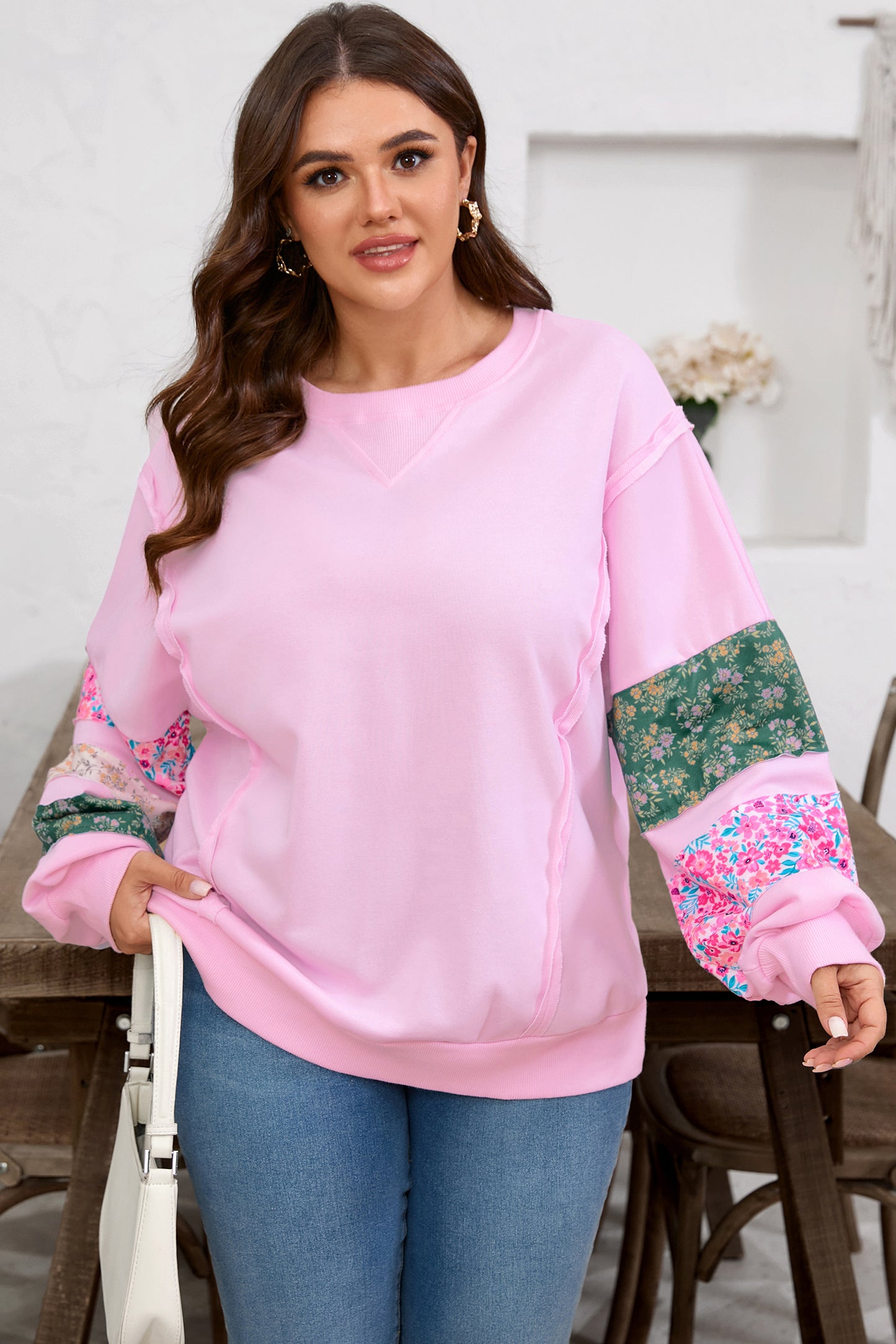 Pink Plus Size Mix Floral Patched Sleeve Ribbed Trim Baggy Sweatshirt-Plus Size/Plus Size Sweatshirts & Hoodies-[Adult]-[Female]-2022 Online Blue Zone Planet