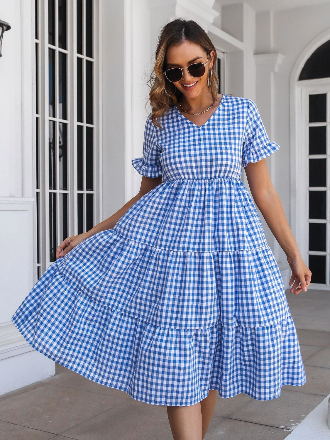 Blue Zone Planet | Plaid V-Neck Short Sleeve Midi Dress-TOPS / DRESSES-[Adult]-[Female]-2022 Online Blue Zone Planet