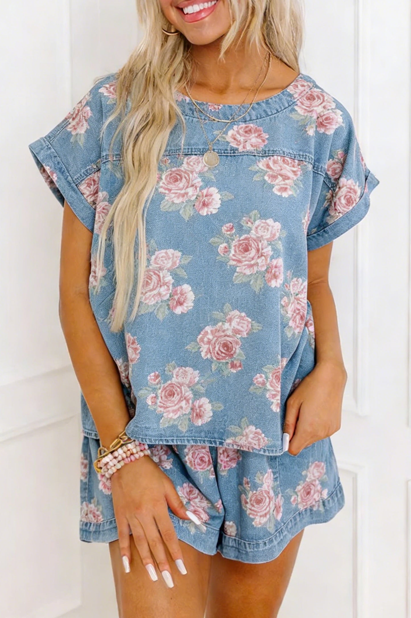 Sky Blue Floral Denim Short Sleeve Top Loose Shorts 2pcs Set-Two Piece Sets/Short Sets-[Adult]-[Female]-Sky Blue-S-2022 Online Blue Zone Planet