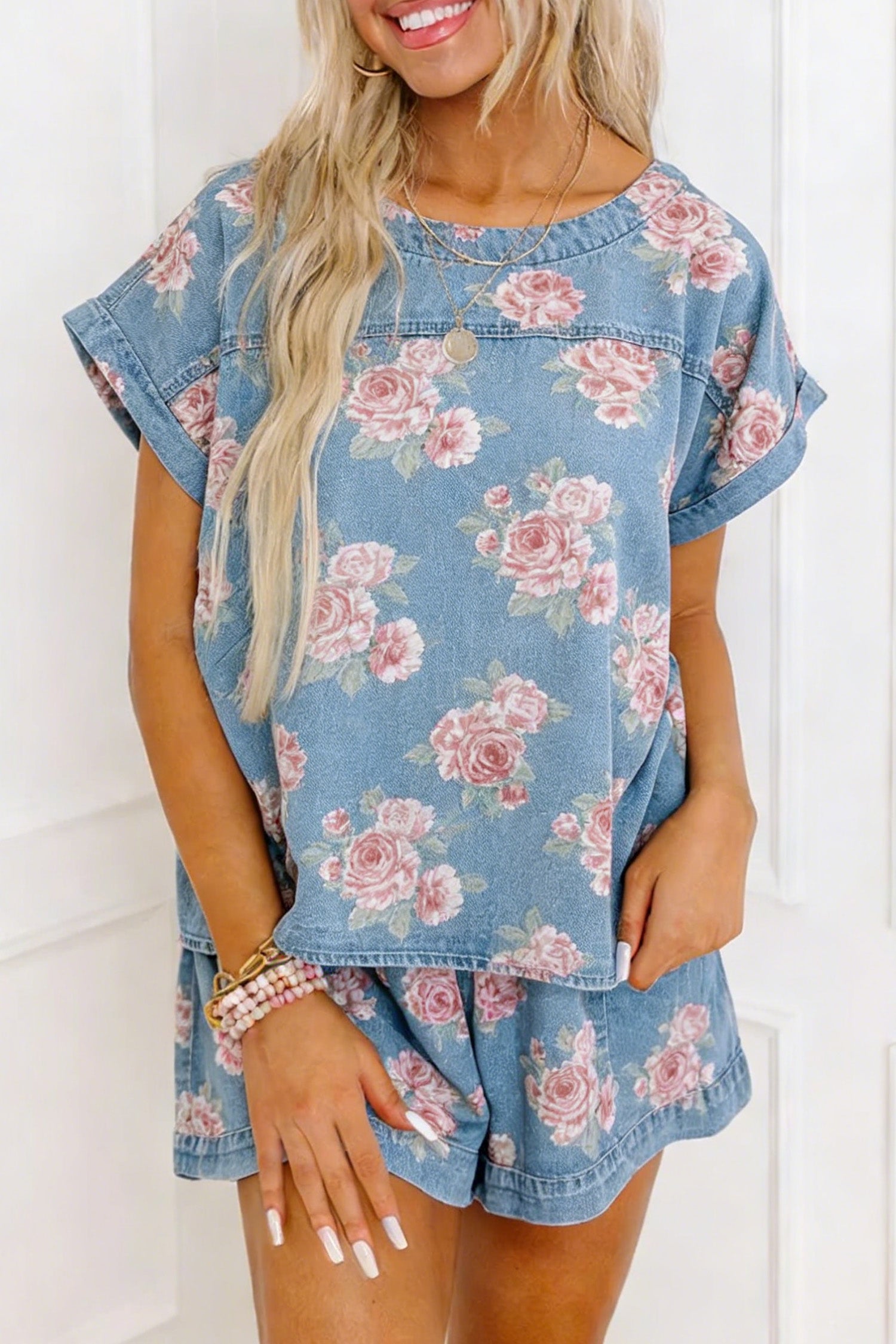 Sky Blue Floral Denim Short Sleeve Top Loose Shorts 2pcs Set-Two Piece Sets/Short Sets-[Adult]-[Female]-Sky Blue-S-2022 Online Blue Zone Planet