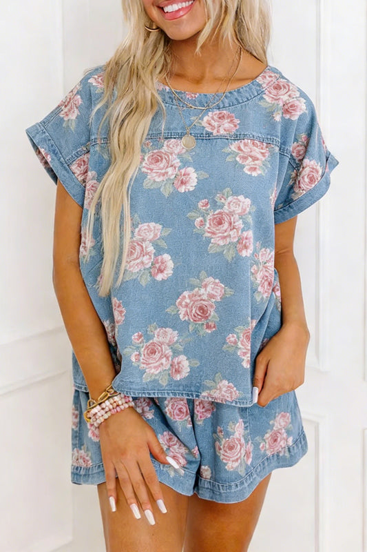 Sky Blue Floral Denim Short Sleeve Top Loose Shorts 2pcs Set-Two Piece Sets/Short Sets-[Adult]-[Female]-Sky Blue-S-2022 Online Blue Zone Planet