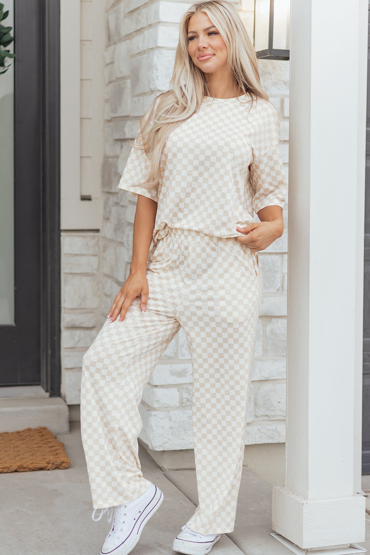 Khaki Checkered Print Half Sleeve Tee 2pcs Lounge Pant Set-Loungewear & Sleepwear/Loungewear-[Adult]-[Female]-2022 Online Blue Zone Planet