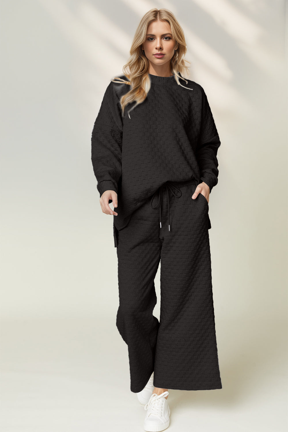 Blue Zone Planet | Double Take Checkered Slit High-Low Round Neck Top and Wide Leg Pants Set-TOPS / DRESSES-[Adult]-[Female]-Black-S-2022 Online Blue Zone Planet