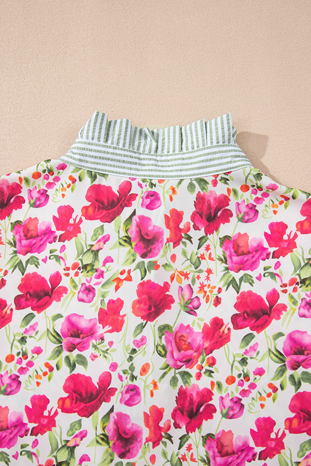 Red Floral Print Striped Patchwork Collared Short Sleeve Blouse-Tops/Blouses & Shirts-[Adult]-[Female]-2022 Online Blue Zone Planet