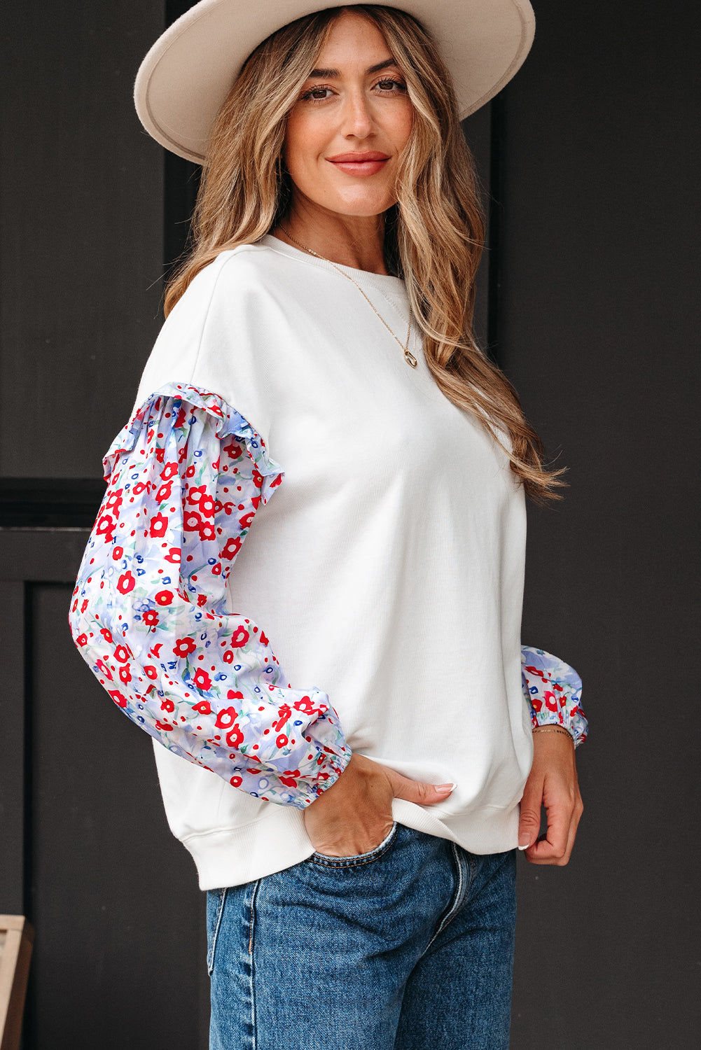 White Floral Ruffled Balloon Sleeve Patchwork Loose Blouse-Tops/Blouses & Shirts-[Adult]-[Female]-2022 Online Blue Zone Planet