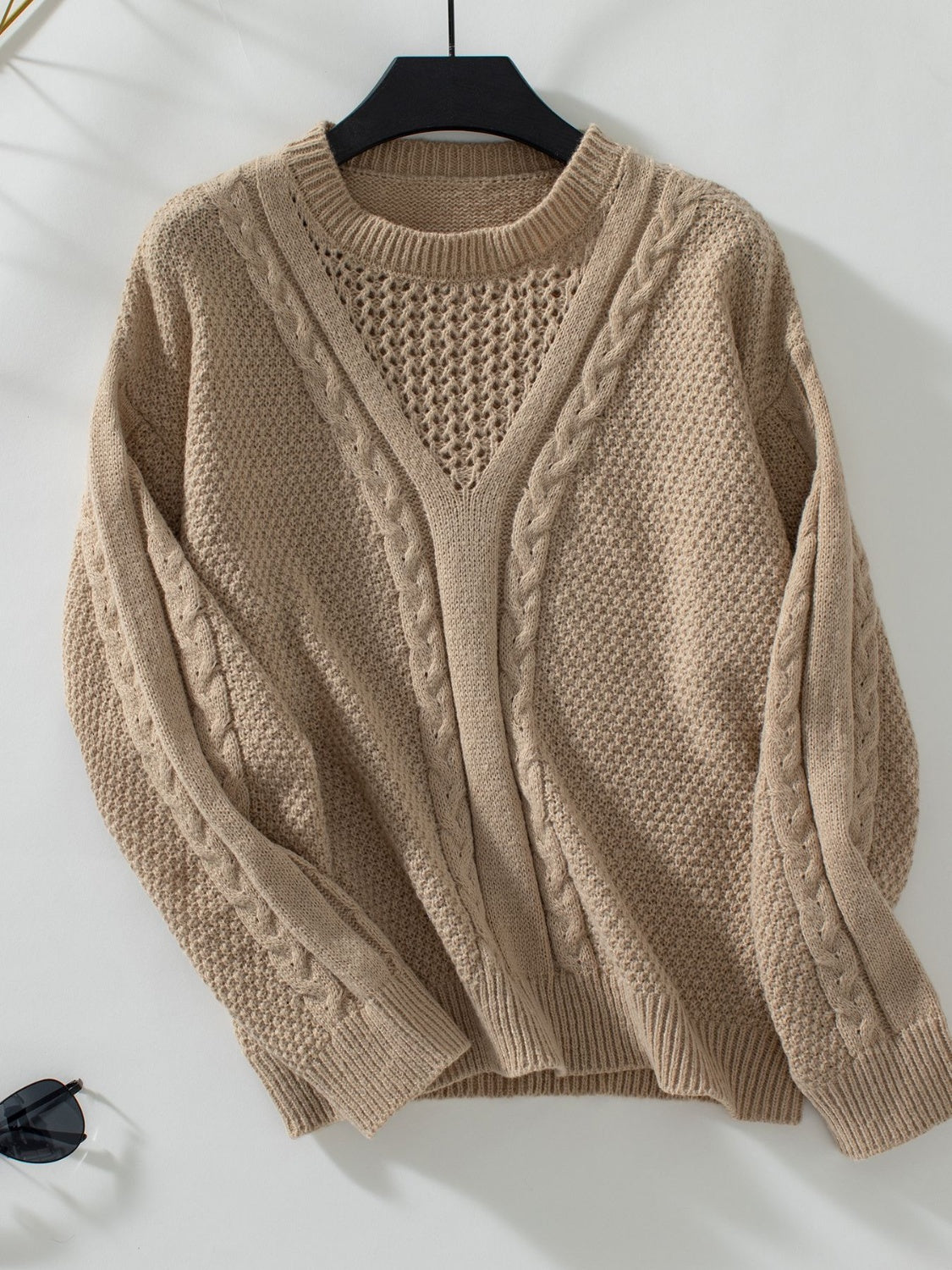 Openwork Cable-Knit Round Neck Long Sleeve Sweater-TOPS / DRESSES-[Adult]-[Female]-Camel-S-2022 Online Blue Zone Planet