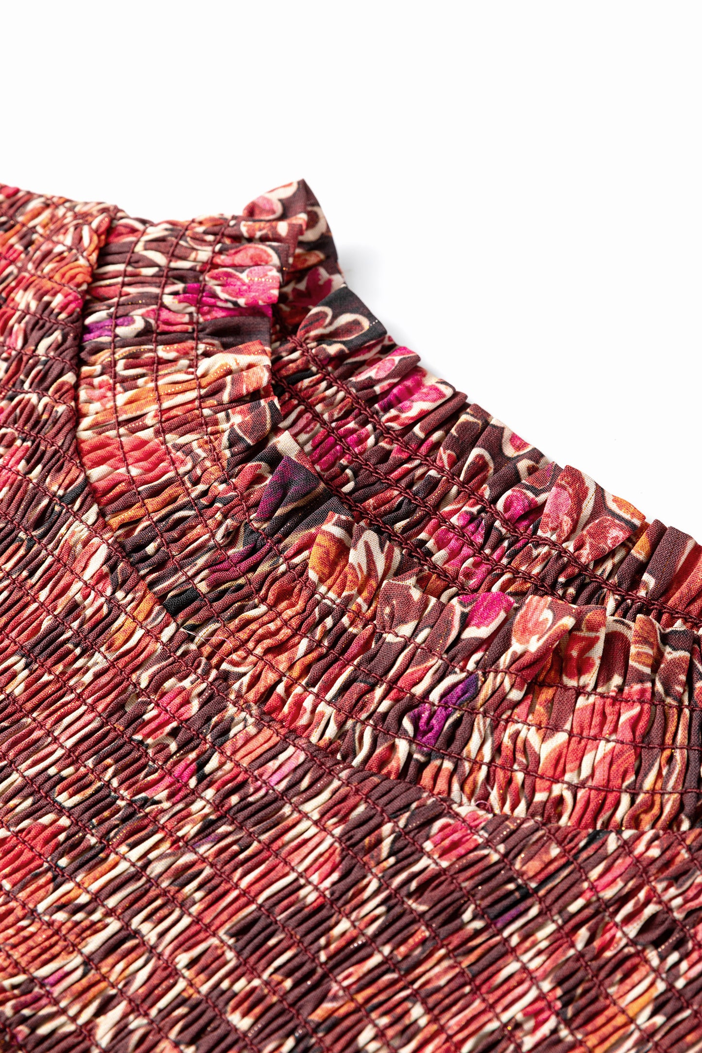 Red Floral Print Long Sleeve Shirred High Neck Loose Mini Dress-TOPS / DRESSES-[Adult]-[Female]-2022 Online Blue Zone Planet