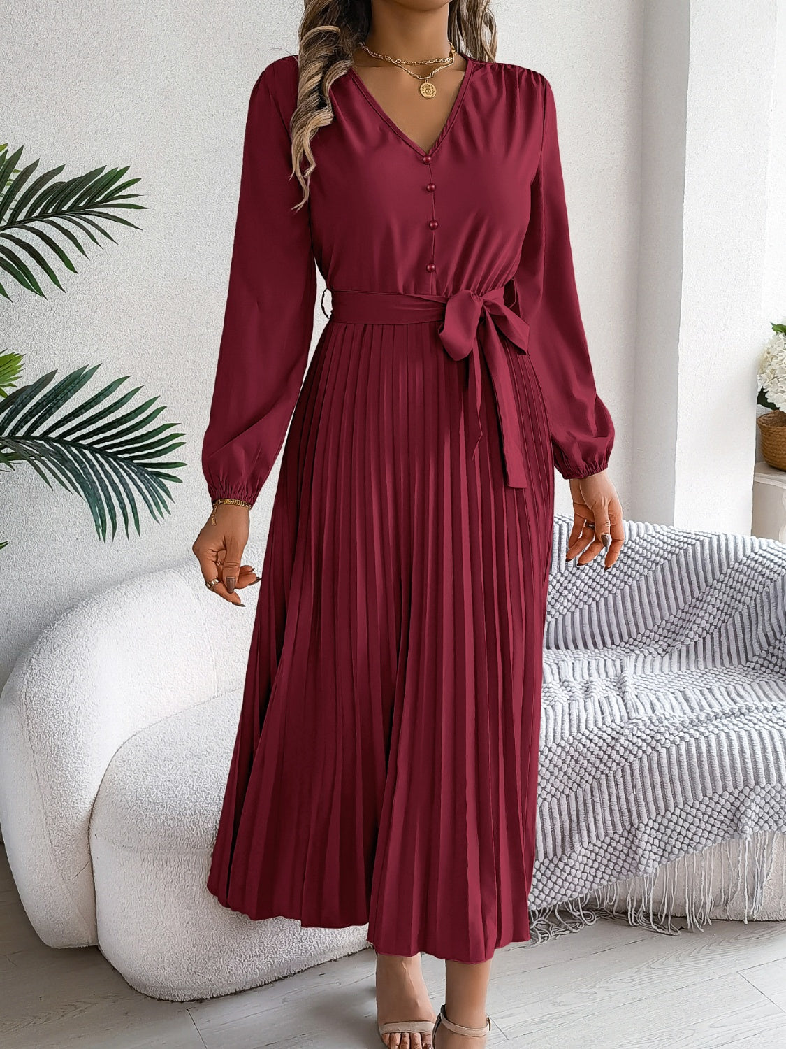 Pleated Tied V-Neck Long Sleeve Dress-TOPS / DRESSES-[Adult]-[Female]-2022 Online Blue Zone Planet