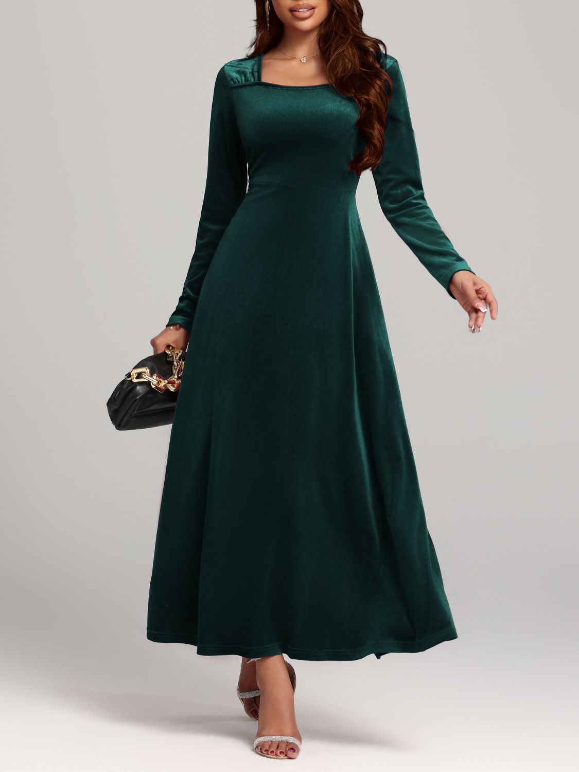 Blue Zone | Square Neck Long Sleeve Velvet Dress - Blue Zone Dark Green / S by Blue Zone Planet Blue Zone | Square Neck Long Sleeve Velvet Dress - Blue Zone Dark Green / S by Blue Zone Planet