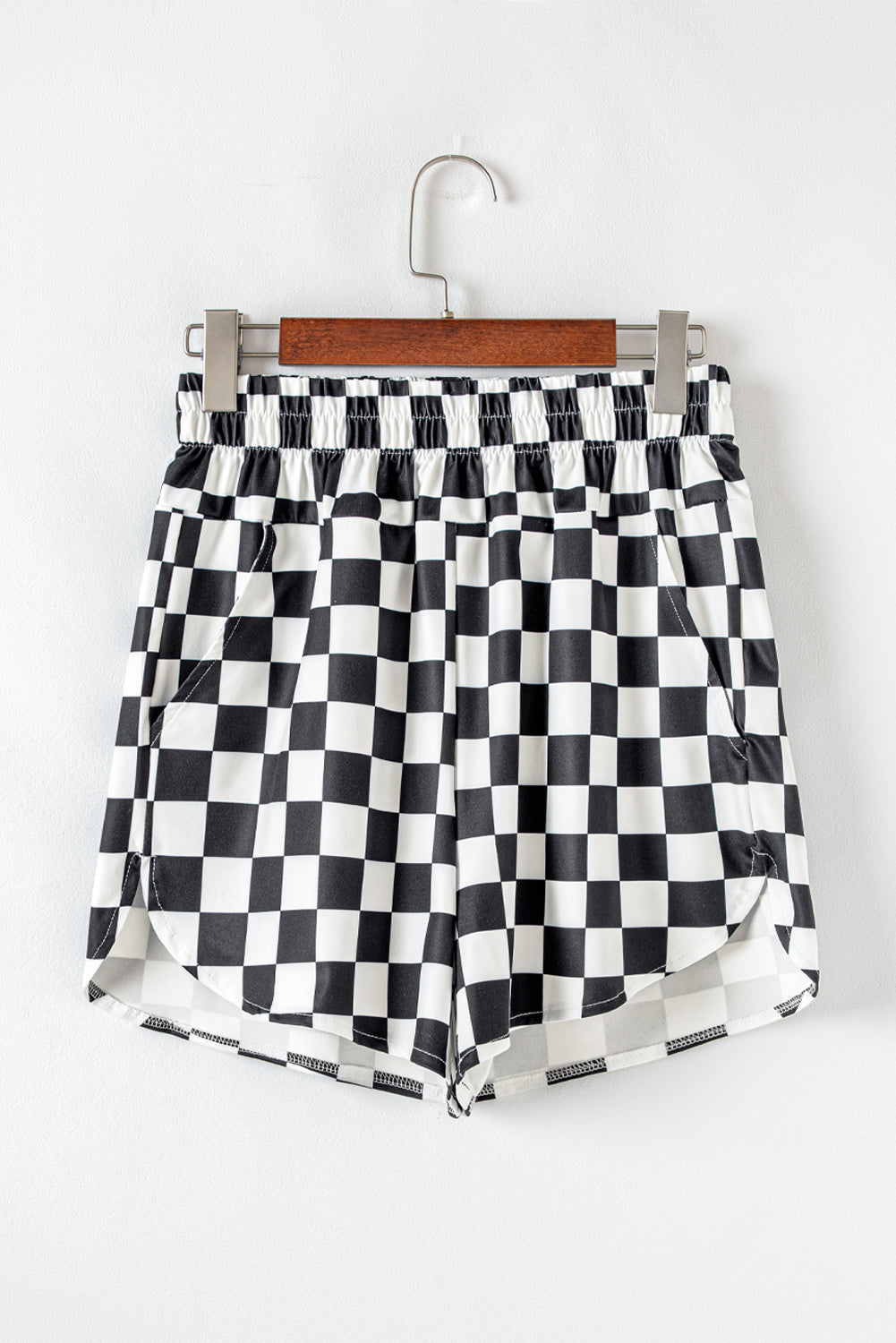 Blue Zone Planet | Black Checkered Print High Waist Casual Shorts-Bottoms/Casual Shorts-[Adult]-[Female]-2022 Online Blue Zone Planet