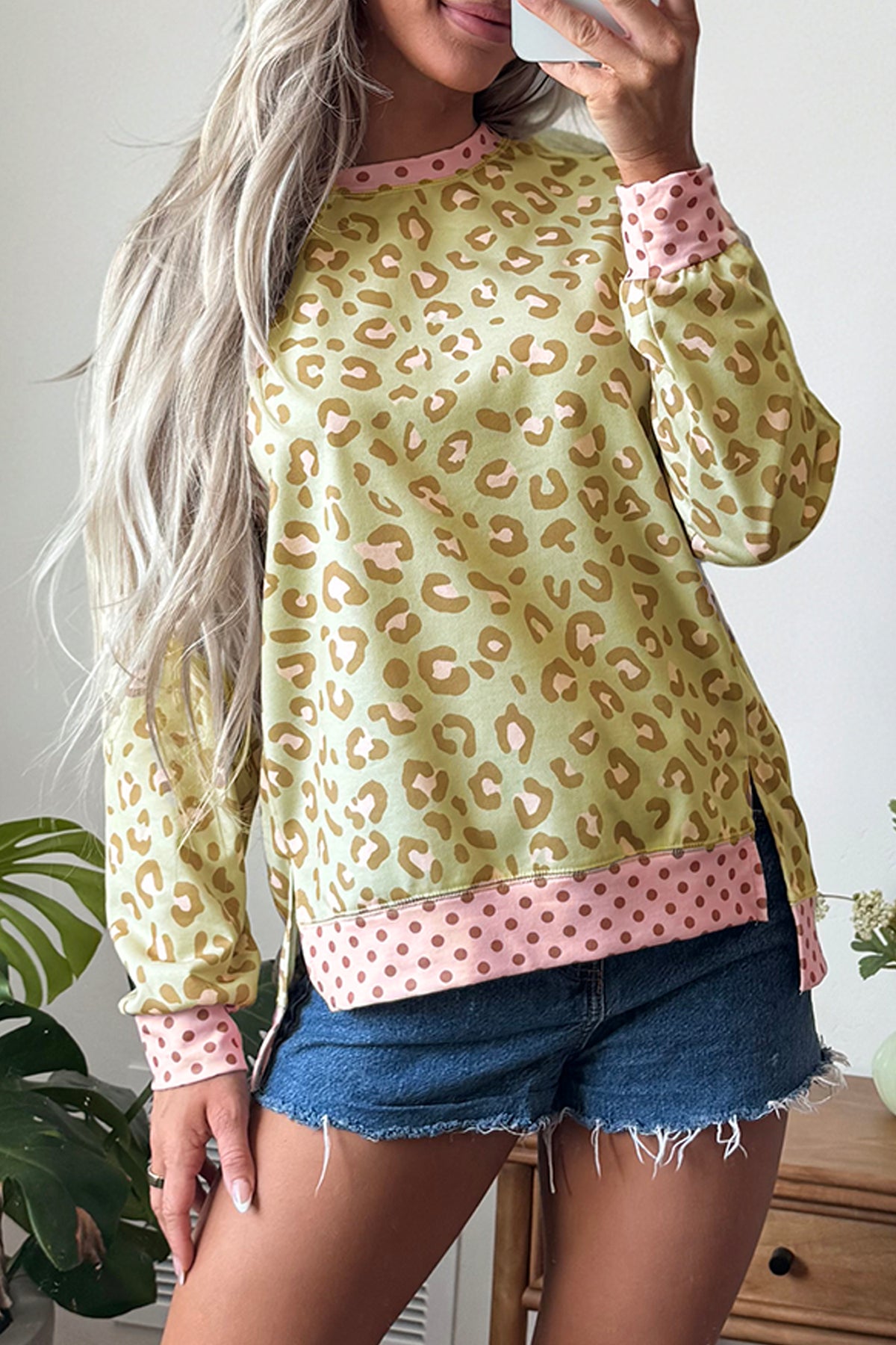Pink Leopard Polka Dot Colorblock Trim Long Sleeve Top-Tops/Long Sleeve Tops-[Adult]-[Female]-2022 Online Blue Zone Planet