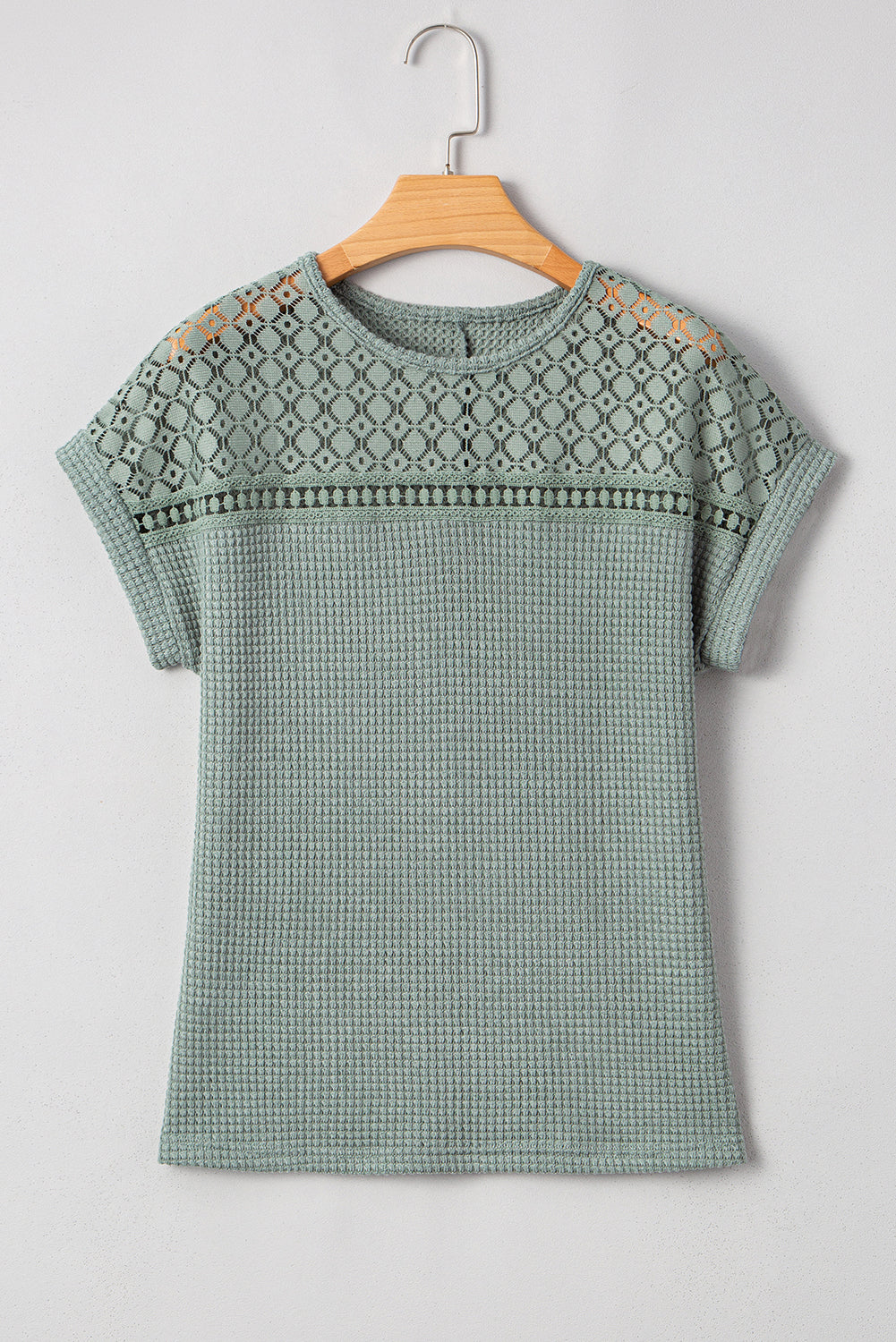 Mist Green Lace Patchwork Waffle Short Sleeve Top-Tops/Tops & Tees-[Adult]-[Female]-2022 Online Blue Zone Planet