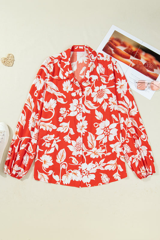 Red Plus Size Floral Print Loose Button Up Shirt-Plus Size/Plus Size Tops/Plus Size Blouses & Shirts-[Adult]-[Female]-2022 Online Blue Zone Planet