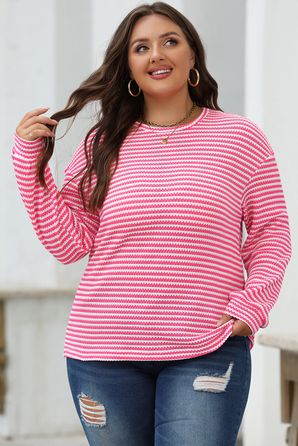 Blue Zone Planet | Rose Stripe Round Neck Drop Shoulder Long Sleeve Top-Tops/Long Sleeve Tops-[Adult]-[Female]-2022 Online Blue Zone Planet