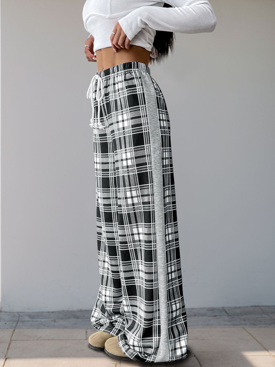 Perfee Drawstring Plaid Wide Leg Pants-BOTTOMS SIZES SMALL MEDIUM LARGE-[Adult]-[Female]-2022 Online Blue Zone Planet