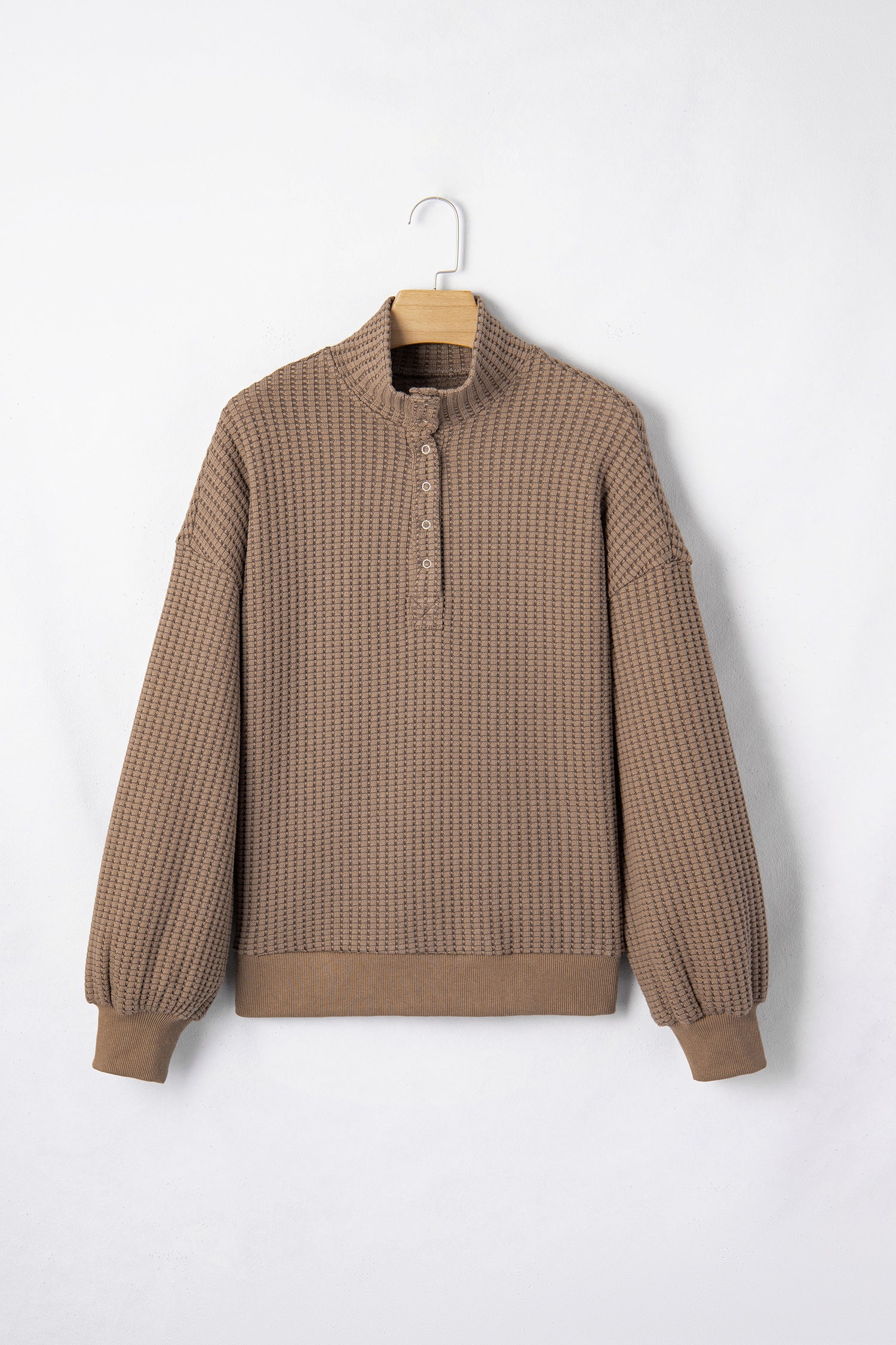 Casual Solid Color Textured Snap Button Collared Baggy Top-Tops/Long Sleeve Tops-[Adult]-[Female]-2022 Online Blue Zone Planet