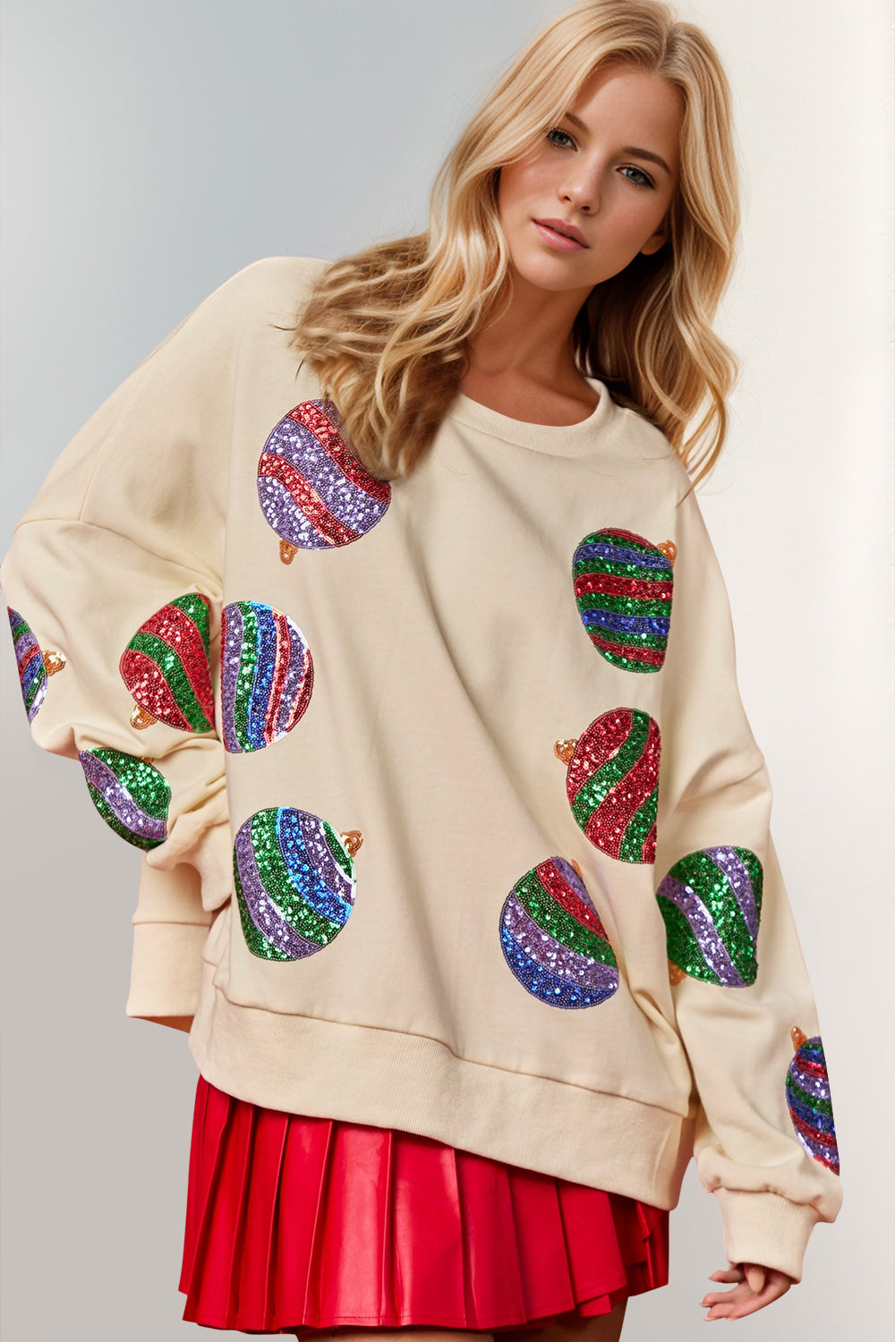 Blue Zone Planet | Double Take Christmas Element Sequin Round Neck Long Sleeve Sweatshirt-TOPS / DRESSES-[Adult]-[Female]-Cream-S-2022 Online Blue Zone Planet