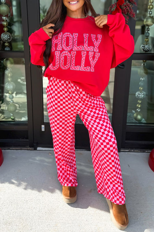 Red Christmas Slogan Graphic Plaid Contrast Two-piece Pant Set-Two Piece Sets/Pant Sets-[Adult]-[Female]-Red-S-2022 Online Blue Zone Planet