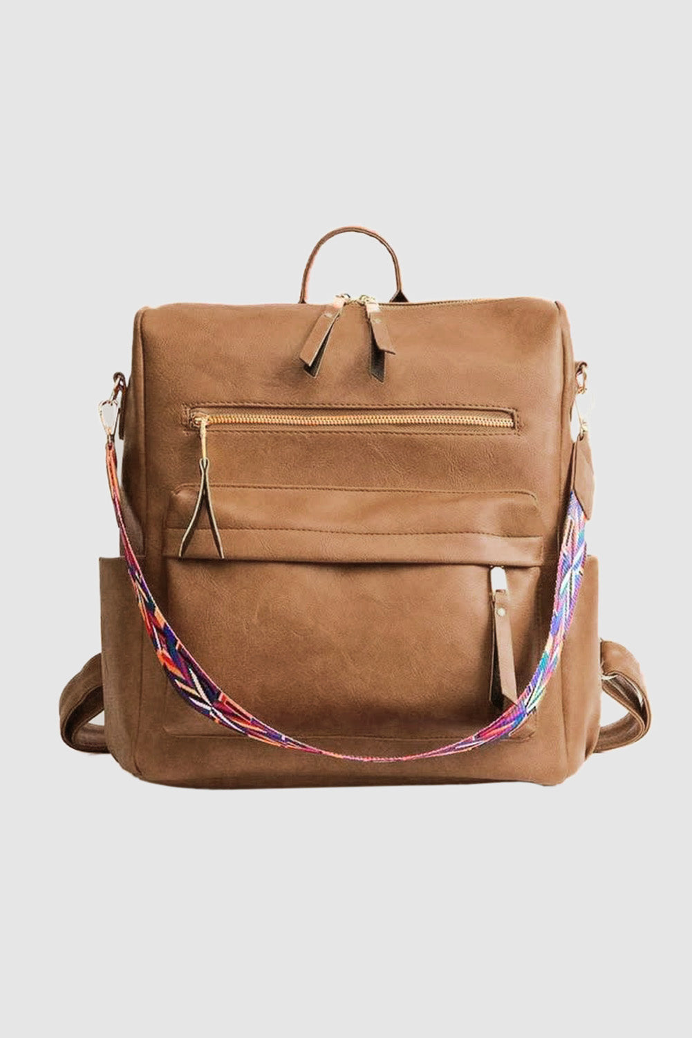 Chestnut Geometric Crochet Strap PU Leather Large Backpack-Backpacks-[Adult]-[Female]-2022 Online Blue Zone Planet
