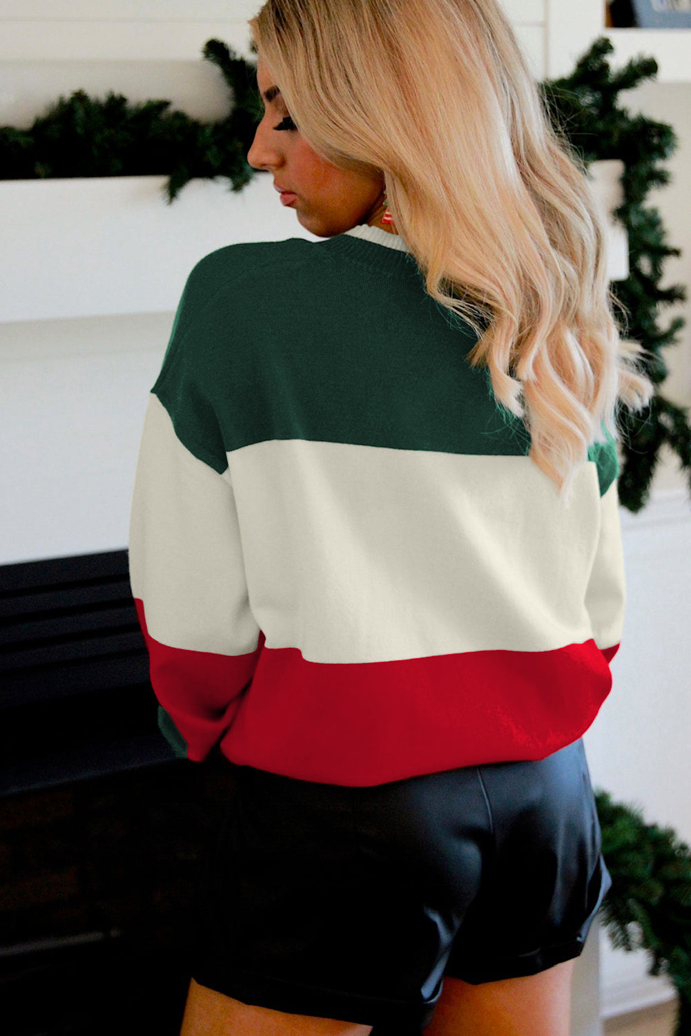 Green Sequined HOLLY JOLLY Color Block Crew Neck Sweater-Sweaters & Cardigans/Sweaters-[Adult]-[Female]-2022 Online Blue Zone Planet
