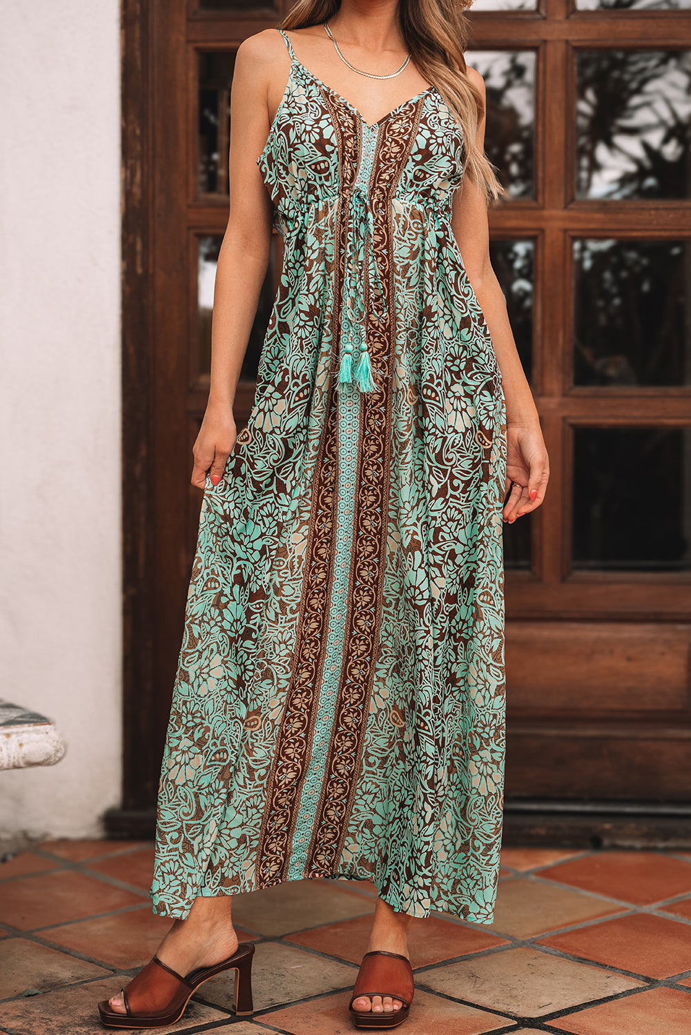 Green Floral Print V Neck Ruffled Trim Backless Tassel Waist Maxi Dress-Dresses/Floral Dresses-[Adult]-[Female]-2022 Online Blue Zone Planet