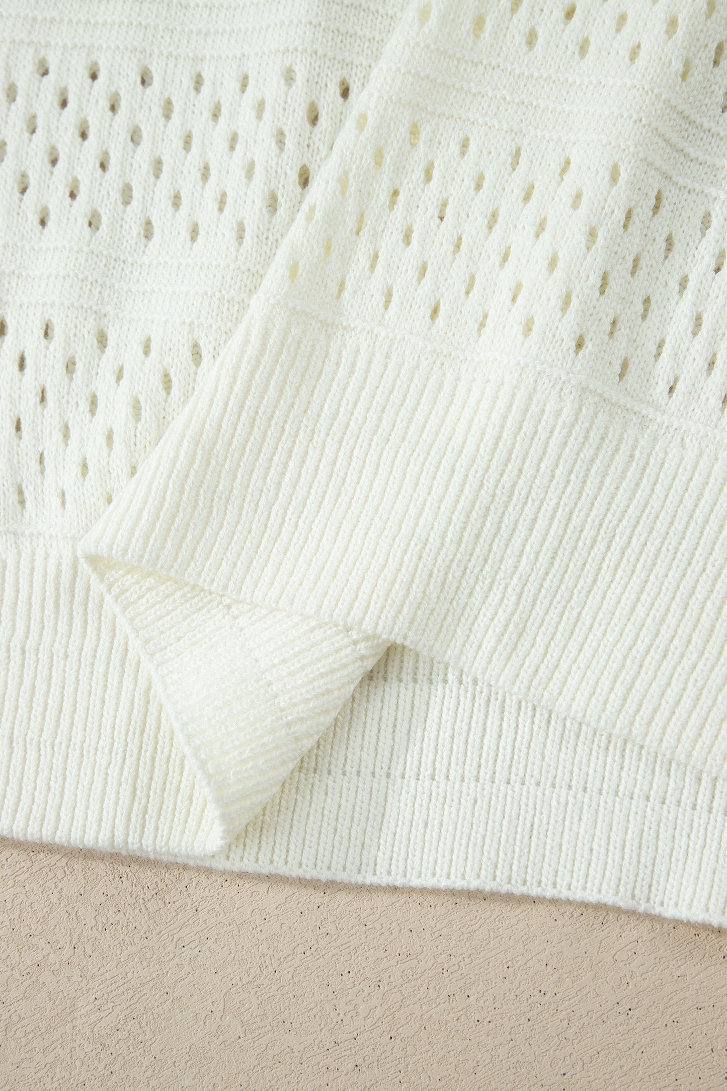 White Plus Size Eyelet Hollow Out Knit Ribbed Trim Short Sleeve Dolman Sweater-Plus Size/Plus Size Sweaters & Cardigans-[Adult]-[Female]-2022 Online Blue Zone Planet