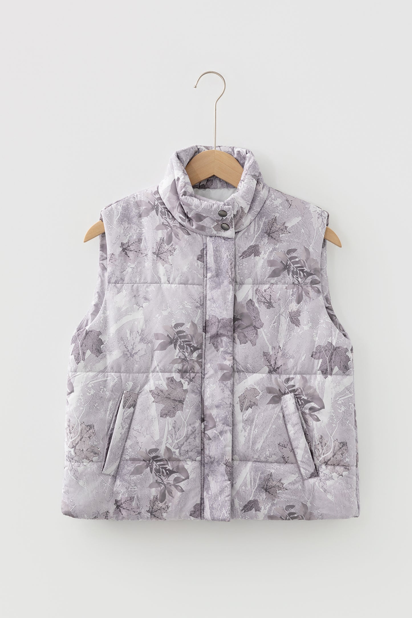 Gray Camo Leaf Print Winter Puffer Vest-TOPS / DRESSES-[Adult]-[Female]-2022 Online Blue Zone Planet