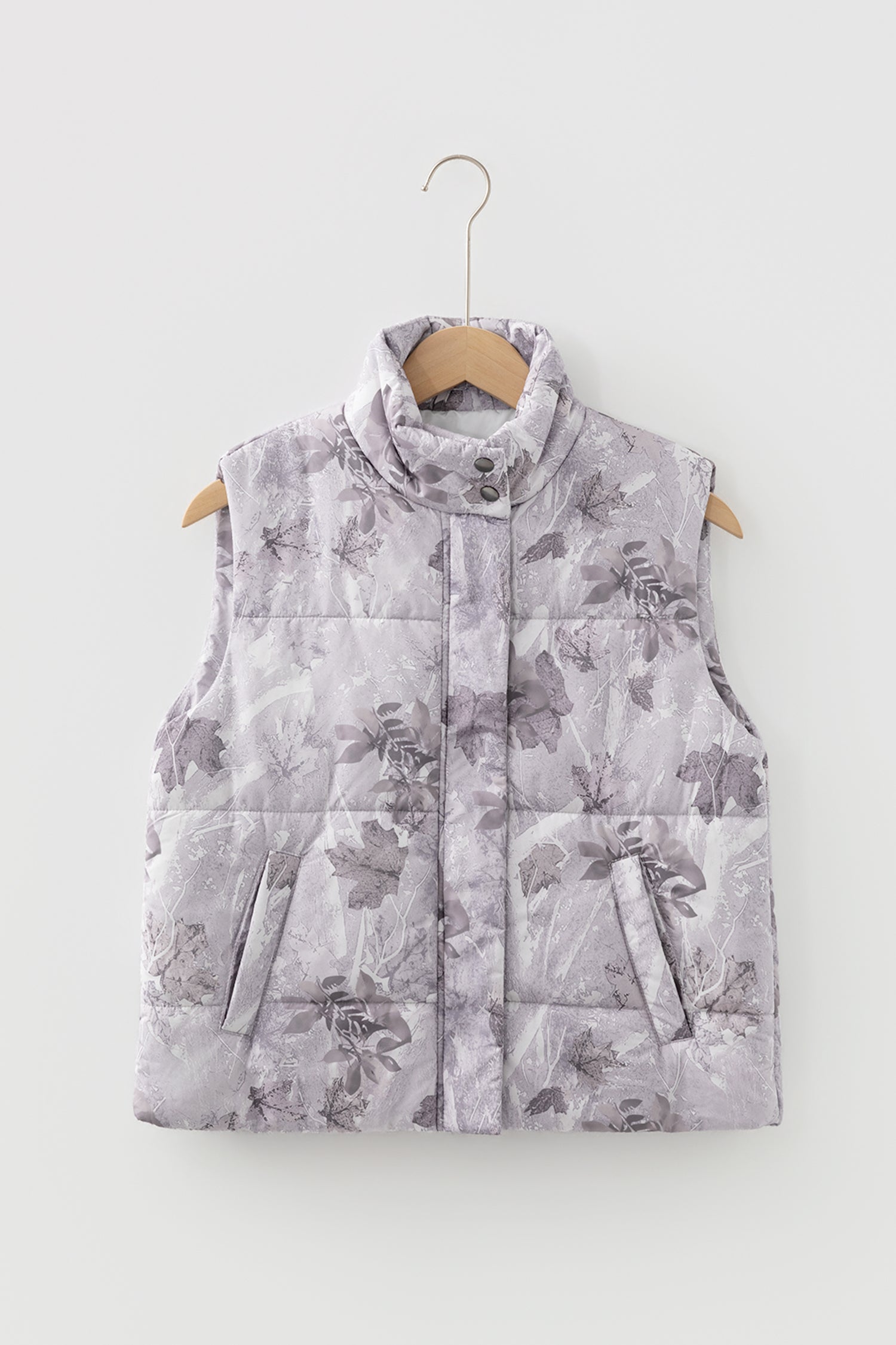Gray Camo Leaf Print Winter Puffer Vest-TOPS / DRESSES-[Adult]-[Female]-2022 Online Blue Zone Planet