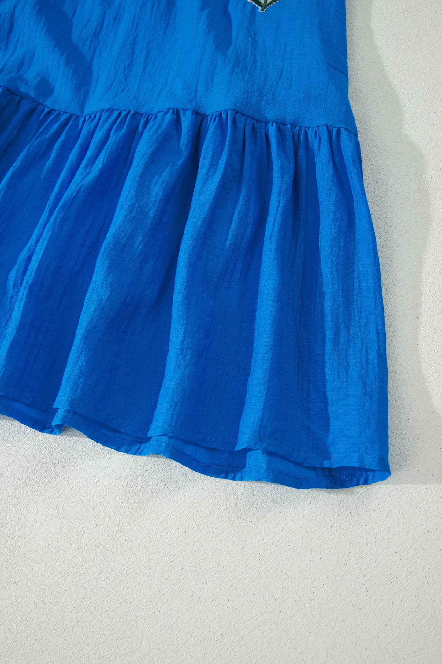 Blue Flower Embroidered Split Neck Short Puff Sleeve Ruffle Hem Dress-TOPS / DRESSES-[Adult]-[Female]-2022 Online Blue Zone Planet