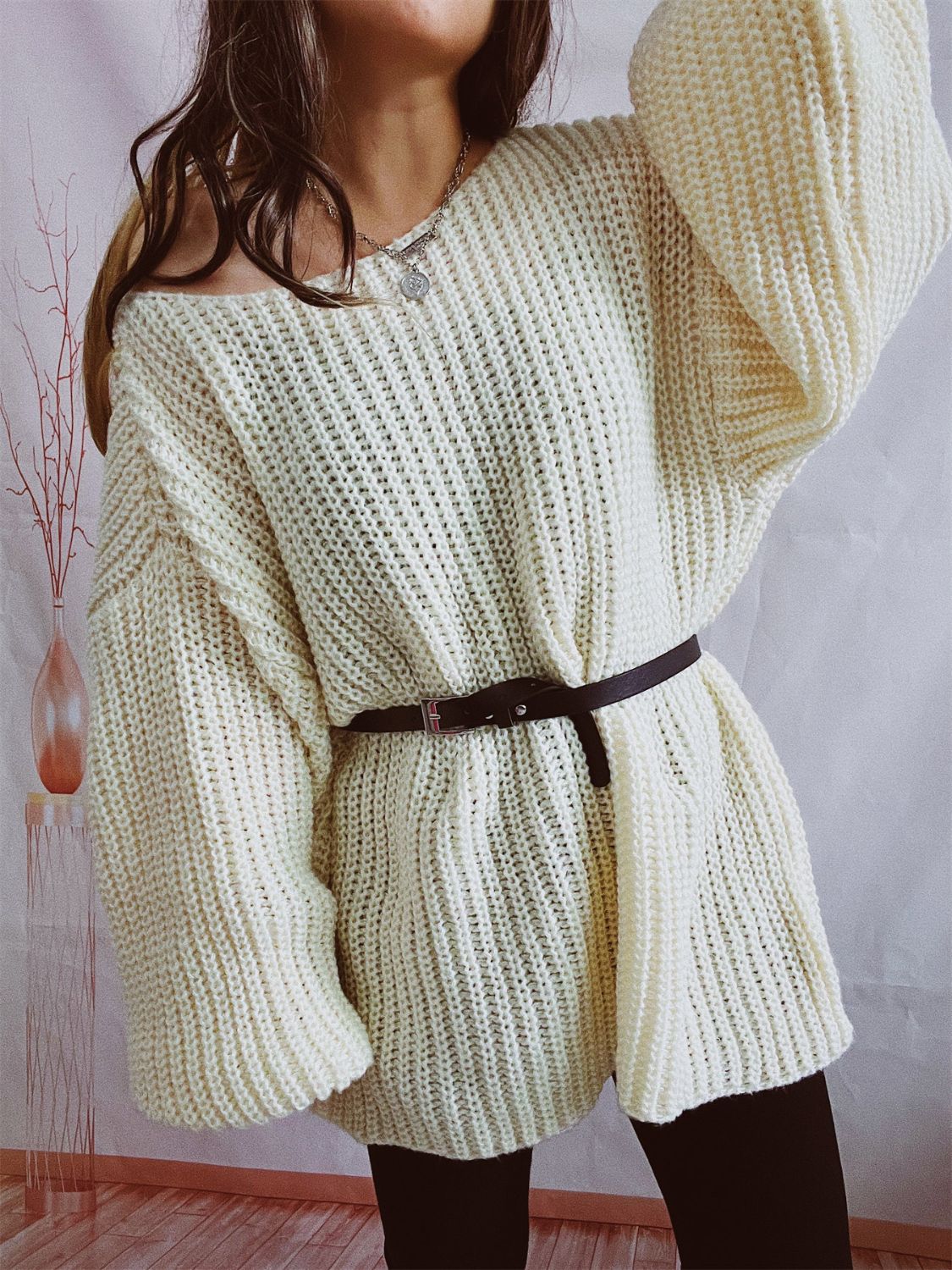 Boat Neck Long Sleeve Sweater with Belt-TOPS / DRESSES-[Adult]-[Female]-Beige-One Size-2022 Online Blue Zone Planet