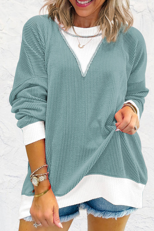 Peach Blossom Corded Colorblock Drop Shoulder Loose Top-Long Sleeve Tops-[Adult]-[Female]-Light Blue-S-2022 Online Blue Zone Planet