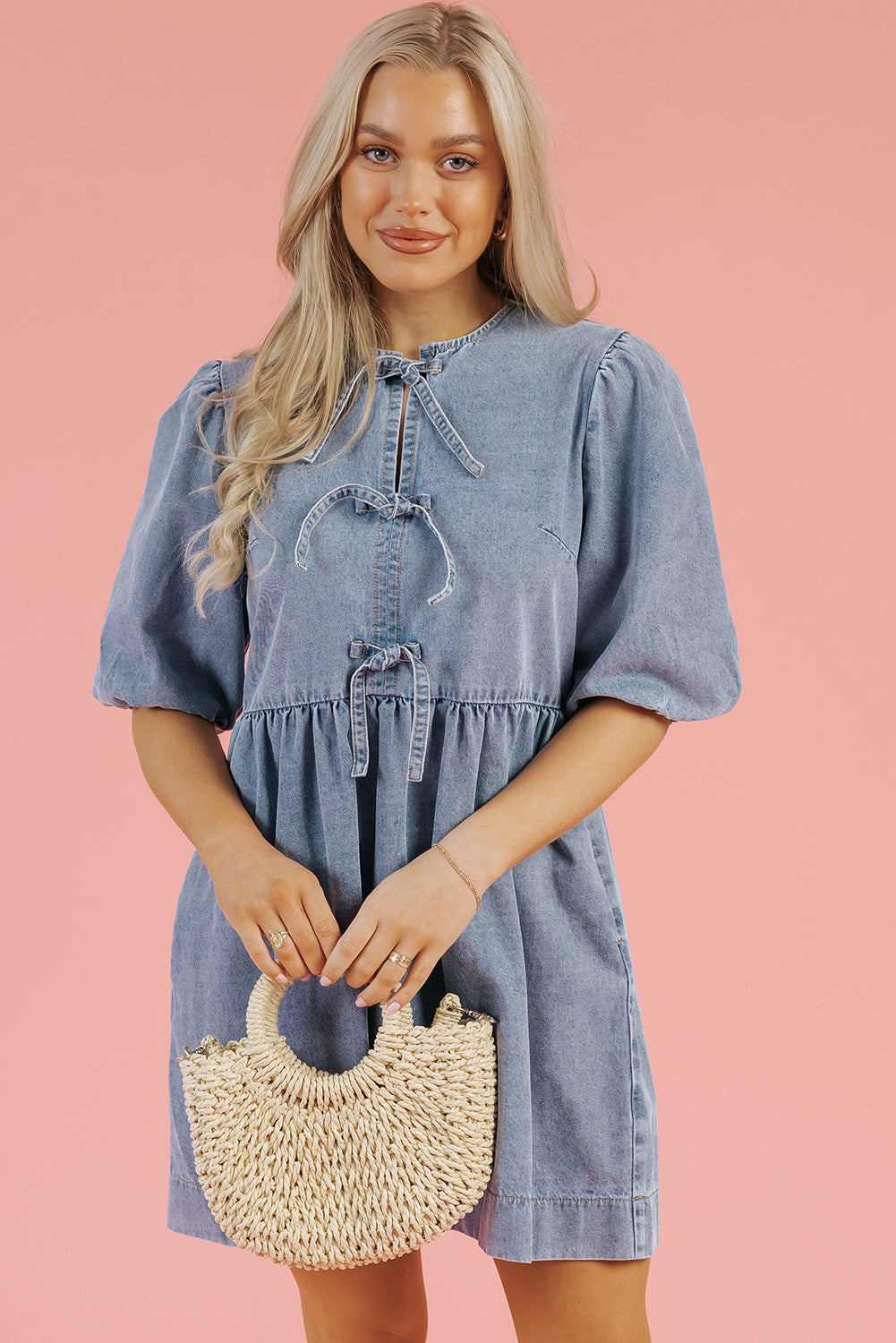 Dusk Blue Bowknot Bubble Sleeve Short Denim Dress-TOPS / DRESSES-[Adult]-[Female]-2022 Online Blue Zone Planet